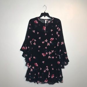 Eliza J Black Floral Long Sleeve Dress with Pink Flowers